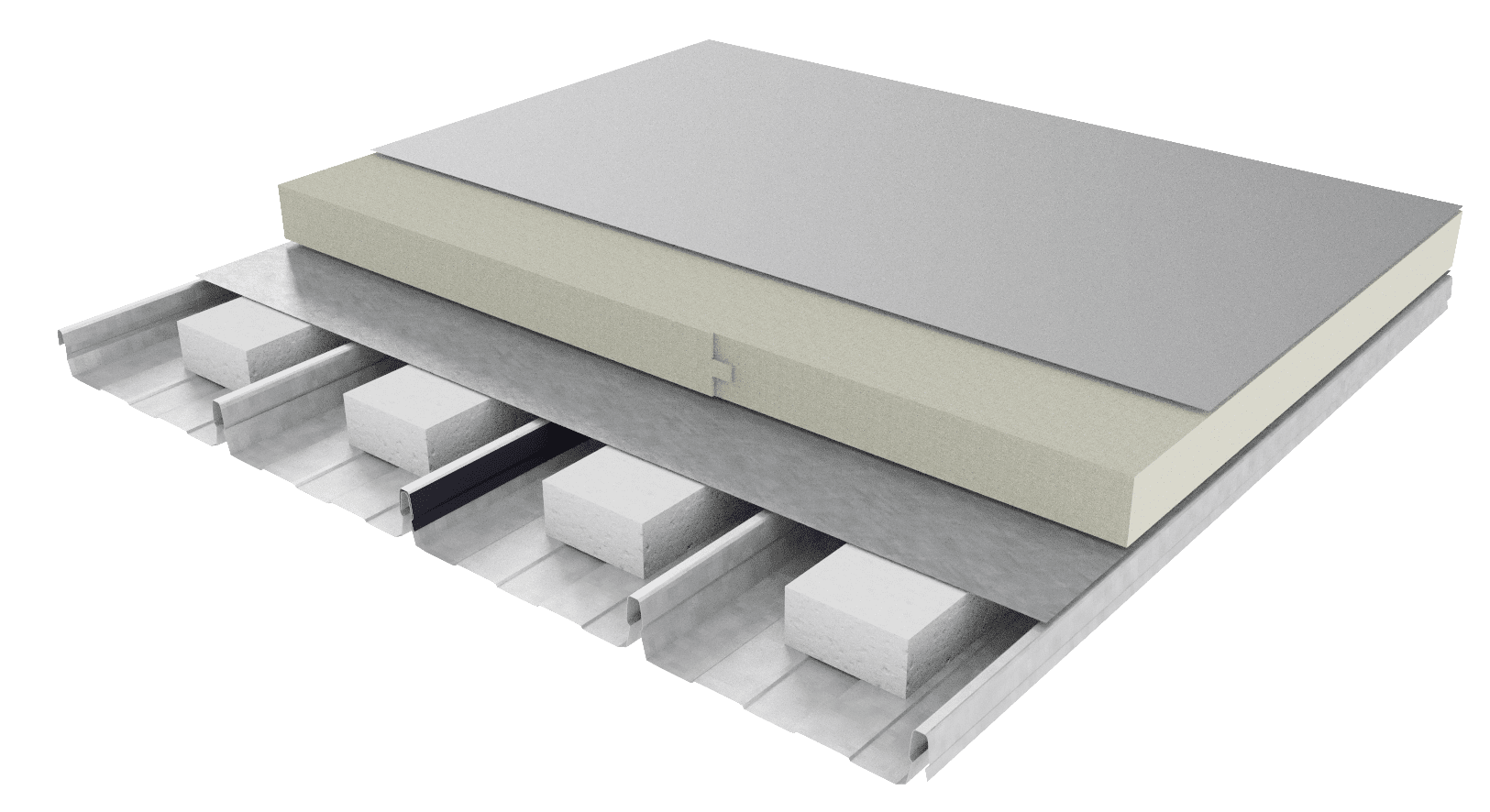Exploded diagram of a RoofLogic Recover system installed over an existing metal roof