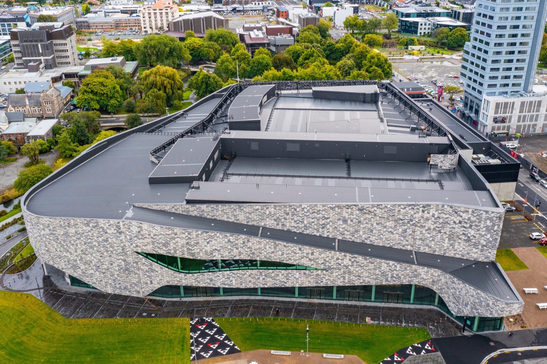 Te Pae Christchurch Convention Centre with curved metal roof and glass facade
