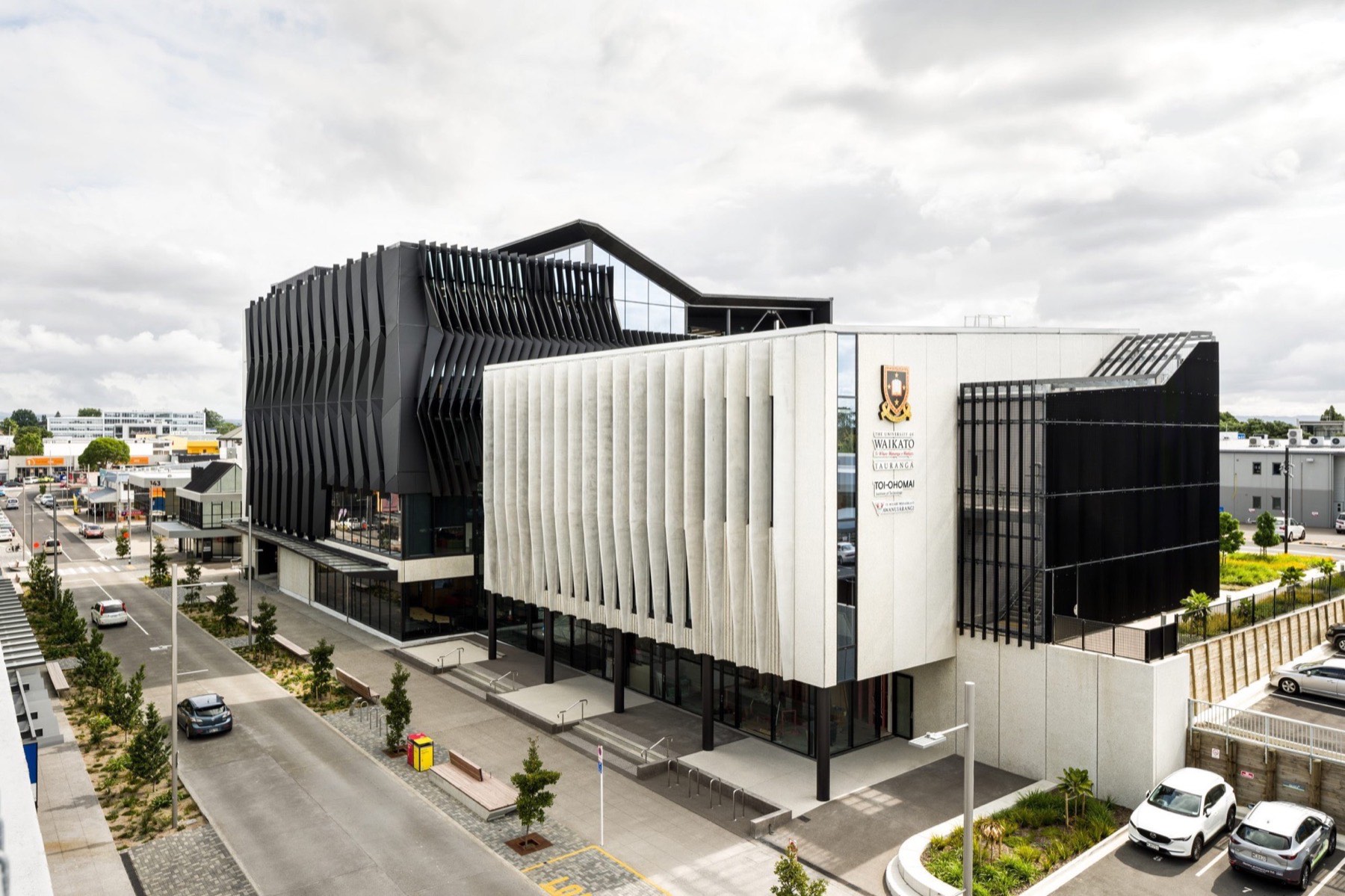 University of Waikato Tauranga Campus building with folded black metal facade